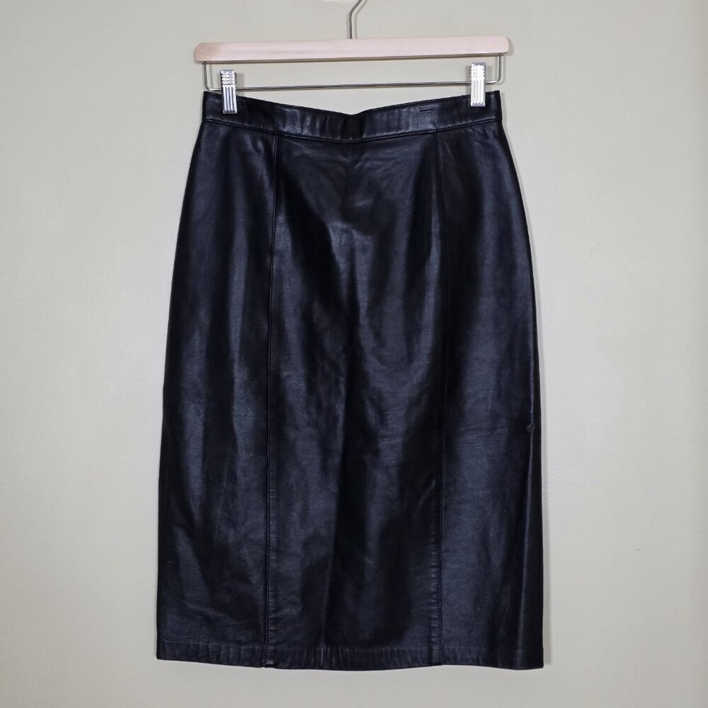 Liz Harbosin Black Leather Skirt 12 VTG Midi Lined Back Zip Slit Canada Bossy - Picture 15 of 16